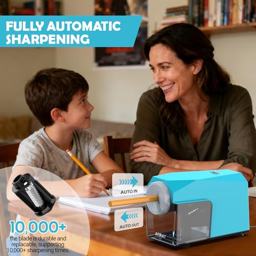 AFMAT Electric Pencil Sharpener, Fast & Hands-Free, 10K+ Uses, 5 Nibs, Fully Automatic Pencil Sharpener for Classroom, Heavy Duty Sharpeners for No.2/Jumbo/Colored Pencils (φ6.5-10.5mm) US Plug(120V) - color: Cyan