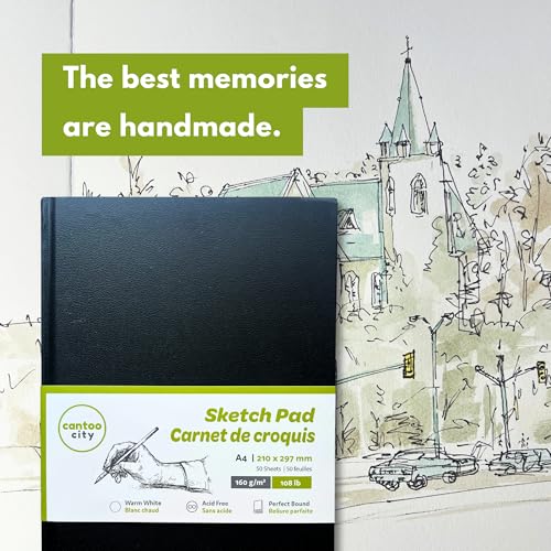 Cantoo City A4 Sketchbook, Professional Grade, Black Hard Cover Sketch Book, Art Drawing Book, Wood Free, Off White Thick Paper, Sketch Pad, Dry Media 100 Pages -160g/M² (108 Lb)