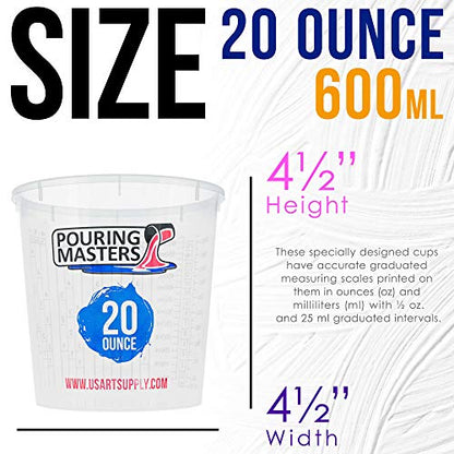 Pouring Masters 20 Ounce (600ml) Graduated Plastic Mixing Cups (Box of 12) - Paint Mixing Cups for Epoxy Resin, Art, Kitchen, Baking - Measurements in OZ and ML, 4 Different Measuring Ratios 1:1 - size: 20-Ounce - Cup