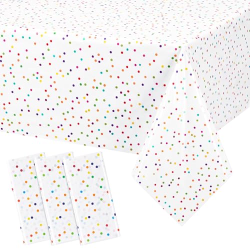 Mindsoft 3 Pcs White Mini Rainbow Polka Dot Plastic Tablecloth Party | Disposable Table Covers for Birthday Wedding Celebration, Dalmatian Print Design, Easy Cleanup, Modern Art Decoration - color: White, style: Mini Rainbow Polka Dot