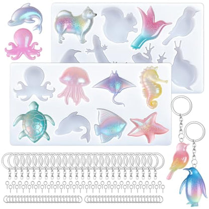 16 Style Marine Terrestrial Amphibious Animals Keychain Epoxy Mold | 24 Pcs Key Ring Accessory, Silicone Mold Keychain Making Mold for Epoxy Resin Casting Craft DIY Pendants Ornaments Gift - color: Animals white
