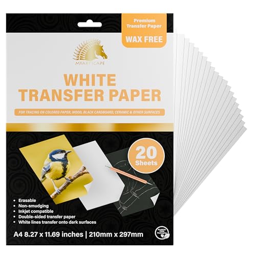 MyArtscape White Graphite Transfer Paper A4 20 Wax Free Sheets | 20 white wax free carbon paper graphite paper sheets for clean erasable tracing on dark surfaces and fabric