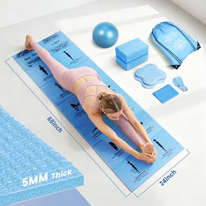 Foldable Non-Slip Yoga Mat and Blocks Set for Women, 9-Pcs Yoga Starter Kit - color: Blue