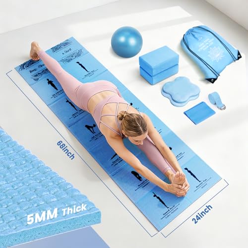 Foldable Non-Slip Yoga Mat and Blocks Set for Women, 9-Pcs Yoga Starter Kit - color: Blue