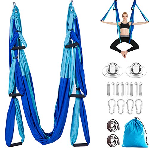 Aerial Trapeze Yoga Hammock Kit - Ultra Strong Antigravity Yoga Flying Sling Inversion Swing Tool Set - color: Mixed Blue
