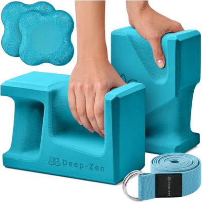 PRO Yoga Blocks | Ergonomic Yoga Block 2 Pack for Wrist Comfort and Support | EVA Foam Exercise Blocks, 2x Knee Pads & Yoga Strap | Pilates Block Set | Bricks to Eliminate Wrist Pain - color: Blue