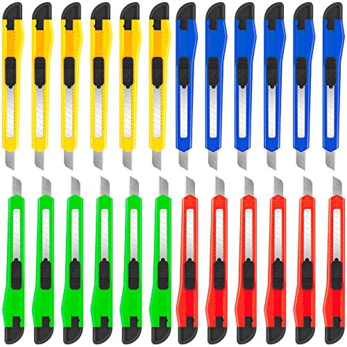 DIYSELF 24 Pack Utility Knife, 4-Color Box Cutters, Navajas para Trabajo | Secure-Grip Box Cutter Retractable for Cardboard and Packages, Sharp Razor Knife for Paper, Foam Board and Warehouse Use - style: 24 Pack