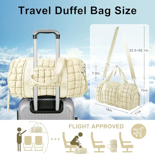 Quilted Travel Duffle Bag Gym Bag for Women,Large Puffer Duffle Weekender Bag with Compartment,Workout Overnight Carry on Organizer Bag Duffle Bag for Airplane Travel(Off-white) - color: Off-white, size: Medium