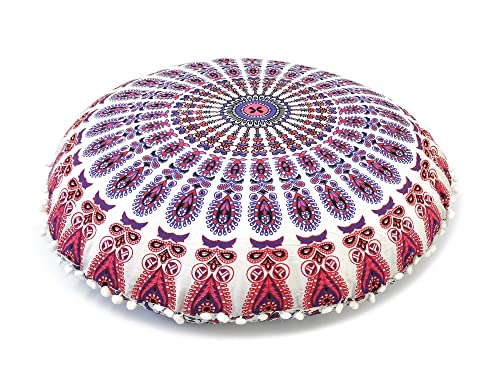 CRAFT KALA 32" Large Round Bohemian Floor Pillow Cover Boho Pouf Cover Mandala Meditation Room Pillows Cover Adults Seating Poufs Cushion Cover for Kids Reading Playroom New Pink Mirchi - color: New Pink Mirchi