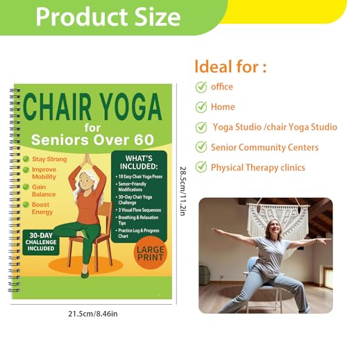 Chair Yoga for Seniors Over 60 Book & Chart, Gentle Seated Chair Yoga Guide, 30-Day Challenge for Flexibility & Balance, A4 Size Easy to Follow Chair Yoga Routine for Older Adults