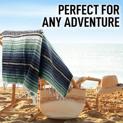 Hydration Nation Authentic Large Handwoven Mexican Blanket - Soft Yoga- Durable Serape- Lightweight Falsa, Beach, Camping, Picnic, Outdoor Blanket 70"x50" - Arctic - color: Arctic