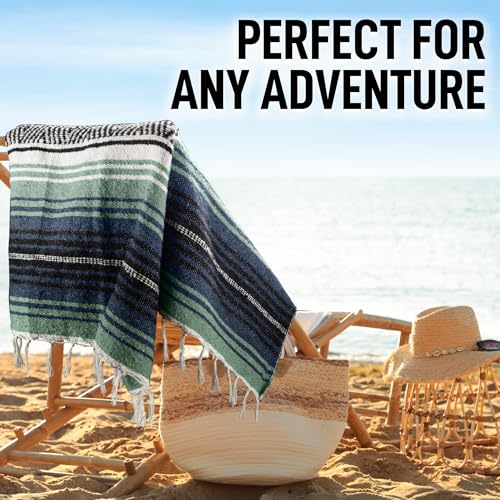 Hydration Nation Authentic Large Handwoven Mexican Blanket - Soft Yoga- Durable Serape- Lightweight Falsa, Beach, Camping, Picnic, Outdoor Blanket 70"x50" - Arctic - color: Arctic