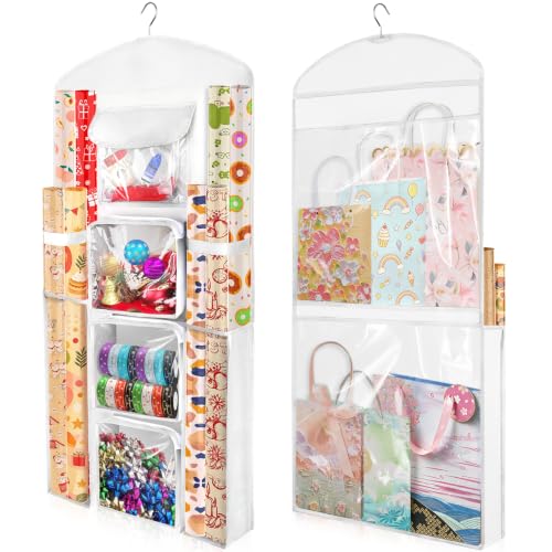 Hanging Gift Wrapping Paper Organizer Storage, Over Door Wrap Storage Bag - color: White