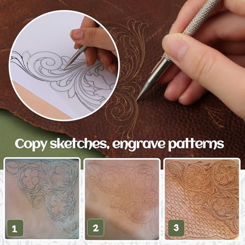 QMNNMA Leather Stamping Tools, Leather Stamps Kit for Leather Working | Leather Carving Tool Kit with Leather Scriber Pen, Leather Working Hammer and Tracing Paper