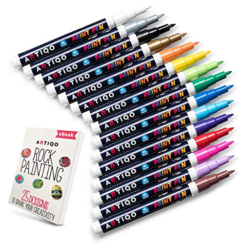 Fine Tip Paint pens for Rock Painting - Wood, Glass, Metal and Ceramic Works on Almost All Surfaces Set of 15 Vibrant oil based fine point paint markers, Quick Dry, Water Resistant
