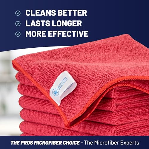 MW PRO Microfiber Cleaning Cloths Red (12 Pack, 12x12) - Commercial Janitorial Towels & Lint Free Rags - Heavy Duty for Auto Detailing, Glass Windows, Housekeeping & Screens - Washable 300+ Times - color: Red, size: 12 Count (Pack of 1)