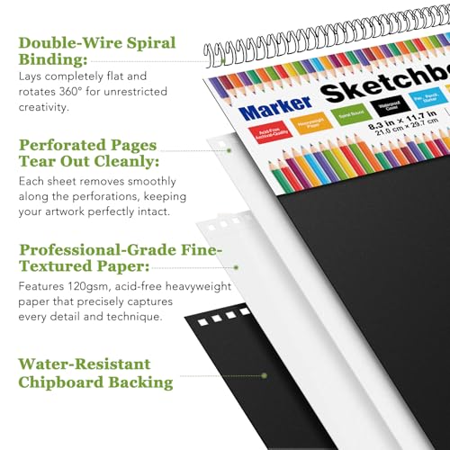 Sketch Book 8.3" x 11.7", 48 Sheets Top Spiral Bound Sketchbook with Waterproof Cover, 73lb/120gsm Drawing Paper, Art Sketch Pad for Artists & Beginners, Drawing, Illustration, Art Supplies