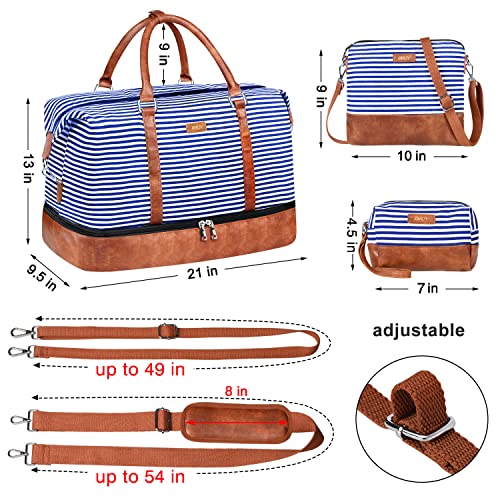 IBFUN Weekender Bags for Women, 21" Travel Duffle Bag with Shoe Compartment - color: A3-Blue Strip
