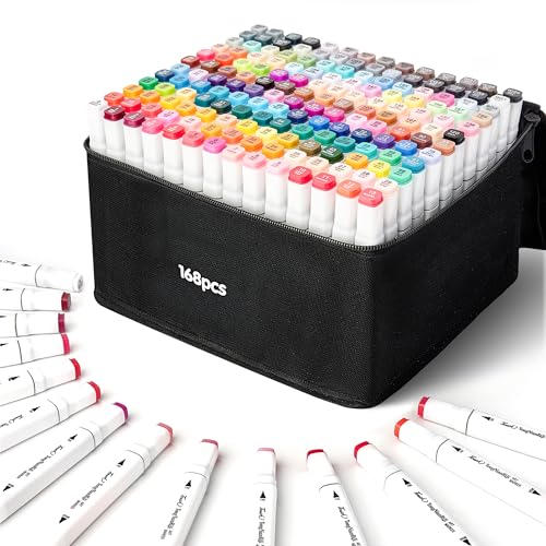 Alcohol Markers 168 Colors, Dual Tip Art Markers Set with Fine & Chisel Tips for Adult Coloring, Drawing & Sketching