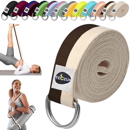 TECEUM 2 IN 1 Yoga & Mat Strap for Stretching – Cotton – 6/8/10 ft | Adjustable Non-Slip Belt in 30+ Colors for Yoga, Pilates, Physical Therapy, Fitness, Home Workouts and Carrying Mats - color: Brown Beige, size: 10 ft