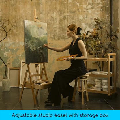 MEEDEN Forward Tilt Studio H-Frame Easel with Art Supply Storage Drawer - Adjustable (58"~75") Solid Beech Wood Easel Stand for Artists, Students and Beginners, Holds Canvas Art up to 37" - color: Natural