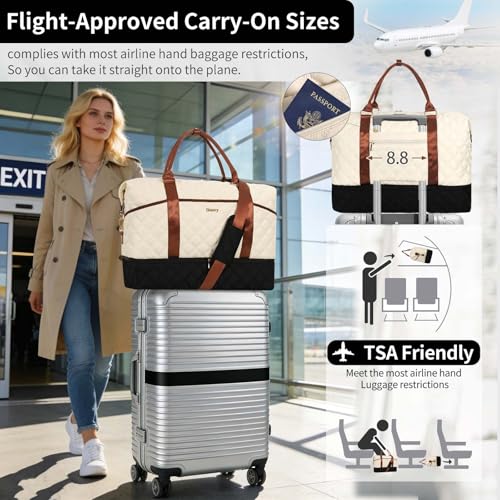 Weekender Bag, Large Travel Duffel Bag for Women, Carry on Overnight Bag with Shoe Compartment and Toiletry Bags - color: G-3PCS Beige Black Brown