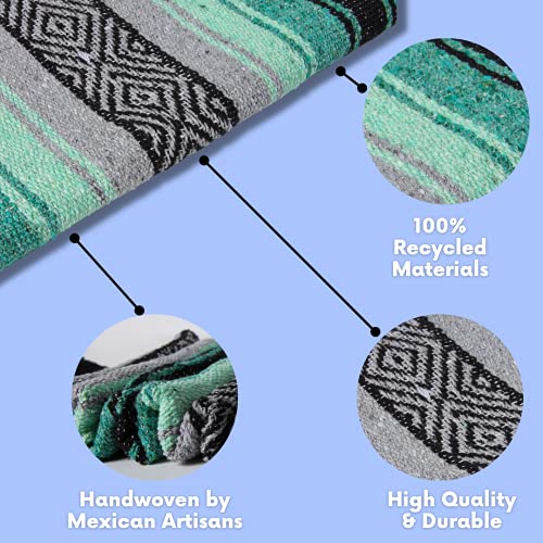 El Paso Designs Mexican Yoga Blanket – Colorful Falsa Serape Throw for Yoga, Beach, Picnic, Saddle, or Home Décor – Soft Woven Boho Blanket (Teal, Gray and Mint) - color: Teal, Gray and Mint