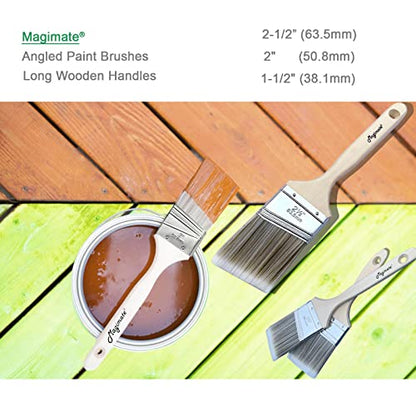 Magimate Wood Paint Brush Set, Angled Flat Assorted Stain Brushes Pack of 5 | Variety paint brushes 1.5" 2" 2.5" angled + 1" 2" flat; for baseboards fence window frame cabinet wood stain & wall touch-ups