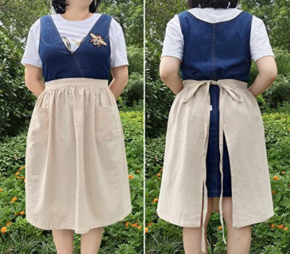 Unisex Chef Aprons White Retro Cotton Maid Short 2 Pockets Waist Waiter Waitress Half Apron - color: Cotton Beige