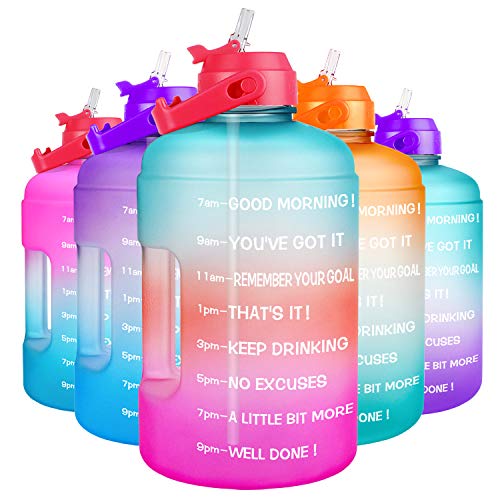 QuiFit 1 Gallon Water Bottle - with Straw & Motivational Time Marker Leak-Proof BPA Free Reusable Gym Sports Outdoor Large(128OZ/73OZ) Capacity Water Jug - color: QFA5 Green/Pink Gradient, size: 128 Ounces