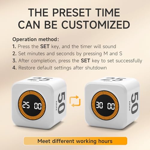 Rotating Productivity Timer, 5, 25, 10, 50 Minute Presets, Desk Cube | Gravity sensor with mute function; ADHD-friendly for work, study, kitchen and back to school - color: White