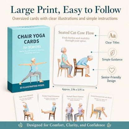 Oversized Chair Yoga Cards for Seniors, 53 Seated Yoga & Stretch Poses, Large-Print Step-by-Step Exercise Deck with Storage Box, Low-Impact Mobility & Flexibility Workouts for Older Adults