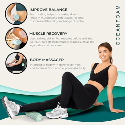 Oceanfoam Ripple Travel Foam Roller (11" x 3.35") Firm Mini Foam Roller for Physical Therapy, Deep Tissue Massage, Back Pain - High Density, Ergonomic Wave Textured - Yoga, Pilates, Exercise (Seafoam) - color: Seafoam