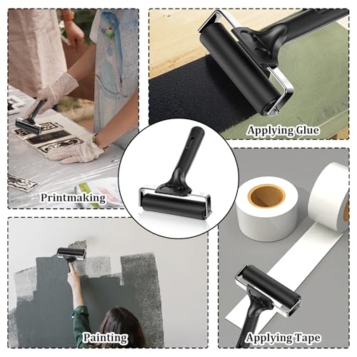 6 Pcs 4-Inch Rubber Brayer Roller for Printmaking, Crafting & Gluing – Heavy-Duty Stainless Steel Handle, Non-Slip Grip – Perfect for Ink, Stamping, Painting, Boat Flooring & Anti-Slip Tape (Black)