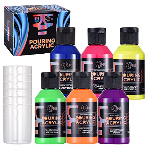 OPHIR 6 Fluorescent Acrylic Pour Paint Kit for Bright Fluid Art | Premixed Pouring Paint Suitable For Canvas Artwork, Wood Crafts, Rock Painting and Decorative DIY Creation - color: Fluorescent Colors Set (6 Bottles)