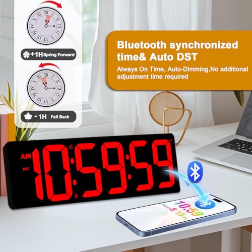 TXL 17.2" Bluetooth Digital Wall Clock with Seconds, Large Countdown Timer for Classroom Home Gym Kitchen Office, Alarm Clock with Remote Control, 4 Dimmable Brightness, Auto DST (Red) - color: Red