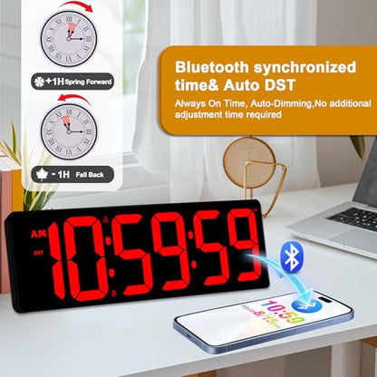TXL 17.2" Bluetooth Digital Wall Clock with Seconds, Large Countdown Timer for Classroom Home Gym Kitchen Office, Alarm Clock with Remote Control, 4 Dimmable Brightness, Auto DST (Red) - color: Red
