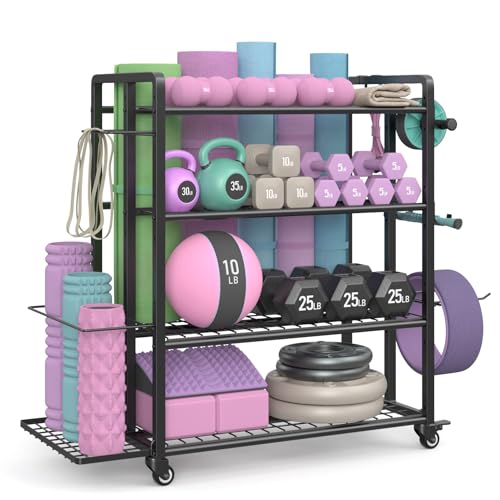 4-Tier Weight Rack for Home Gym with Wheels and Hooks | Adjustable Gym Storage Rack for Dumbbells Kettlebells Yoga Mat, All-in-One, Space Saving, Heavy Duty Steel, Easy to Assemble - size: Large Black