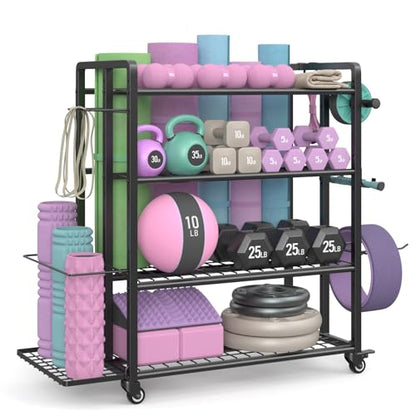 4-Tier Weight Rack for Home Gym with Wheels and Hooks | Adjustable Gym Storage Rack for Dumbbells Kettlebells Yoga Mat, All-in-One, Space Saving, Heavy Duty Steel, Easy to Assemble - size: Large Black
