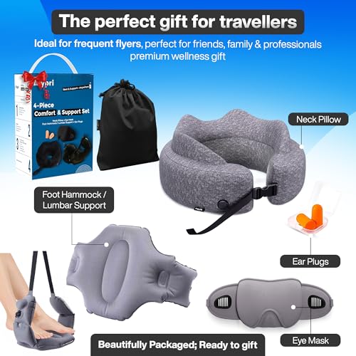 4-in-1 Travel Comfort Set Inflatable Neck Pillow, Convertible Lumbar Support & Foot Hammock, 3D Sleep Mask & Ear Plugs Complete Comfort Kit for Airplane, Office & Car Gift-Ready (Gray)