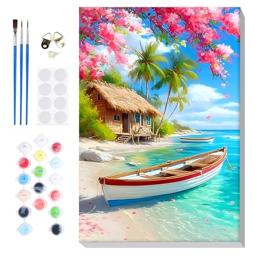 Bowetile Framed Landscape Paint by Numbers Kit for Adults, Adults' Paint-by-Number Kits on Canvas, Painting by Numbers Seaside, Acrylic Boat Number Painting for Home Wall Decor, 8x12in - color: Seaside, Landscape