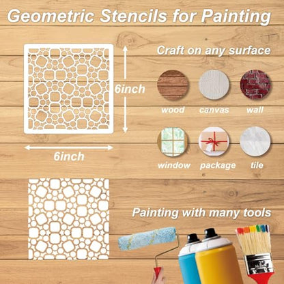 Geometric Stencils for Painting, 16 Pcs 6 Inch for Wood Signs Canvas | Reusable & Easy to Clean, Abstract Layering Patterns, Gift Boxes, Scrapbooks, Paper Projects, Beginner Friendly - color: Geometric 6" 16PCS 03