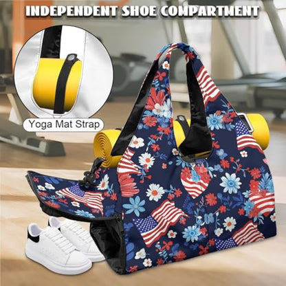 Yoga Gym Bag with Removable Adjustable Shoulder Strap, Shoe Compartment & Top Yoga Mat Holder 17.72x8.66x9.84in - color: American Heart Flag Print