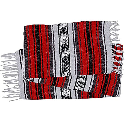 Authentic Mexican Red-Grey Blanket -Yoga Matt - Falsa - Serape - Camping, Picnic, Beach Blanket, Bedding, Car Blanket, Saddle Blanket, Soft Woven Home Decor (Red-Grey Color)