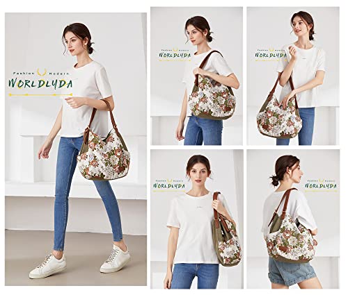 Worldlyda Women Canvas Hobo Purse Multi Pocket Tote Shopper Shoulder Bag Casual Top Handle handbag with Embroidery Ethnic - color: Be06army Green Flower