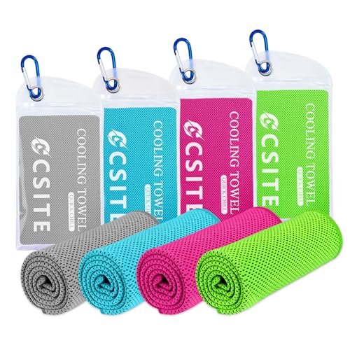 CSITE Cooling Towels for Neck and Face - 4 Pack 47x12 Inch Ice Cold Microfiber Towels, Soft & Breathable Cooling Towel for Hot Weather, Sports, Yoga, Workout, Running, Golf, Camping - color: Rose Red/Green/Light Gray/Lake Blue