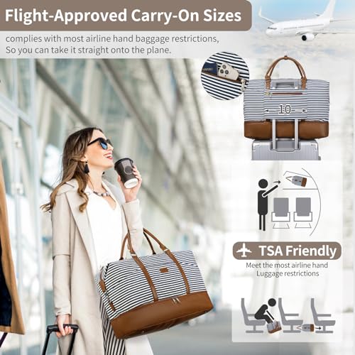 Weekender Bag, Large Travel Duffel Bag for Women, Carry on Overnight Bag with Shoe Compartment and Toiletry Bags - color: A-Blue-White