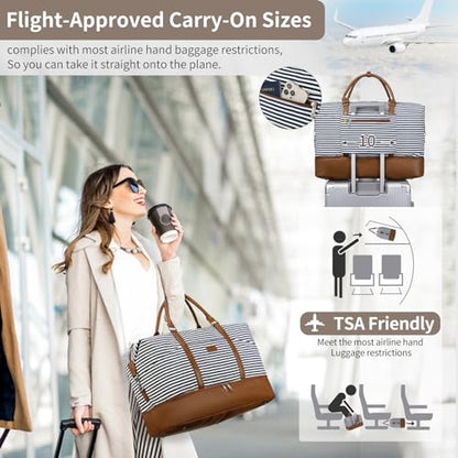 Weekender Bag, Large Travel Duffel Bag for Women, Carry on Overnight Bag with Shoe Compartment and Toiletry Bags - color: A-Blue-White