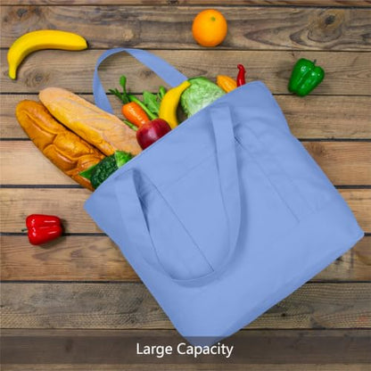 TOPDesign 1-Pack Canvas Tote Bag with an External Pocket, Reusable Grocery Shopping Bag, Top Zipper Closure, Daily Essentials (Light Blue) - color: Light Blue