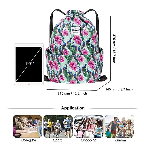 XEYOU Drawstring Backpack Bag Sport Gym Sackpack Beach Cinch Bag | Lightweight Swimming Bag, Water-Resistant Fabric, Travel Daypack for Women and Men - color: Peacock Pattern